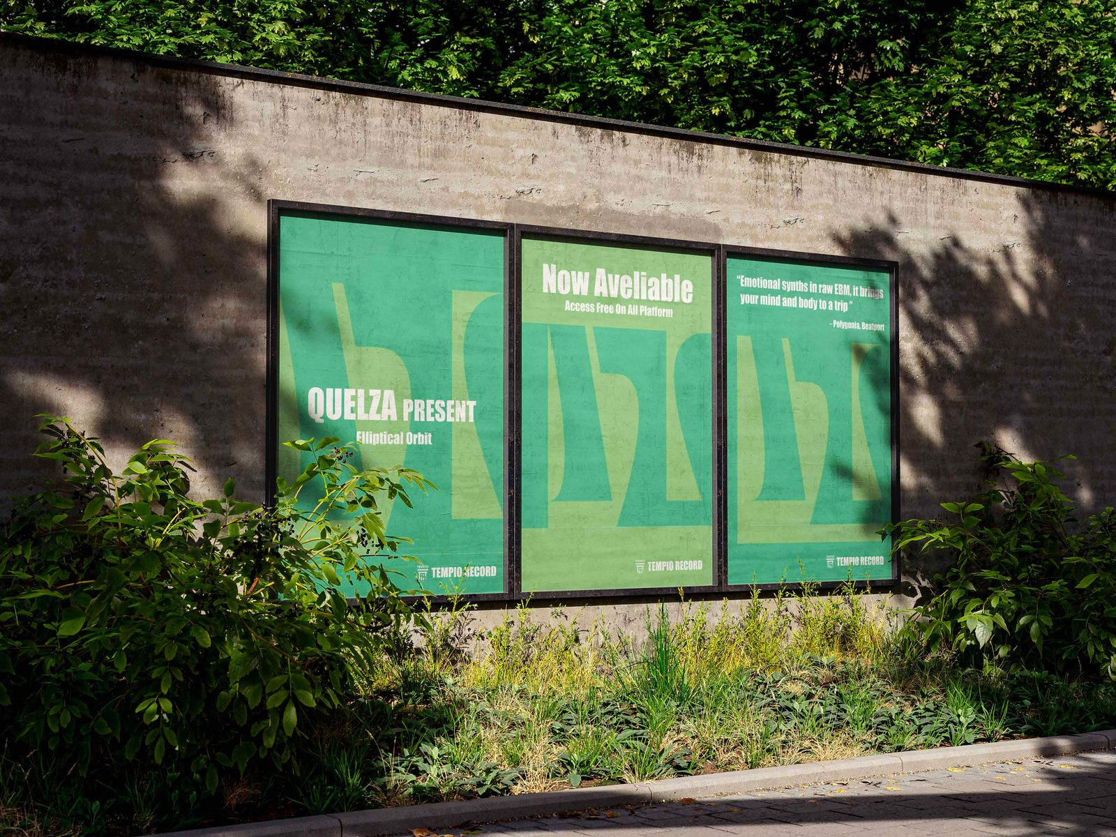 Green posters on a billboard in a park