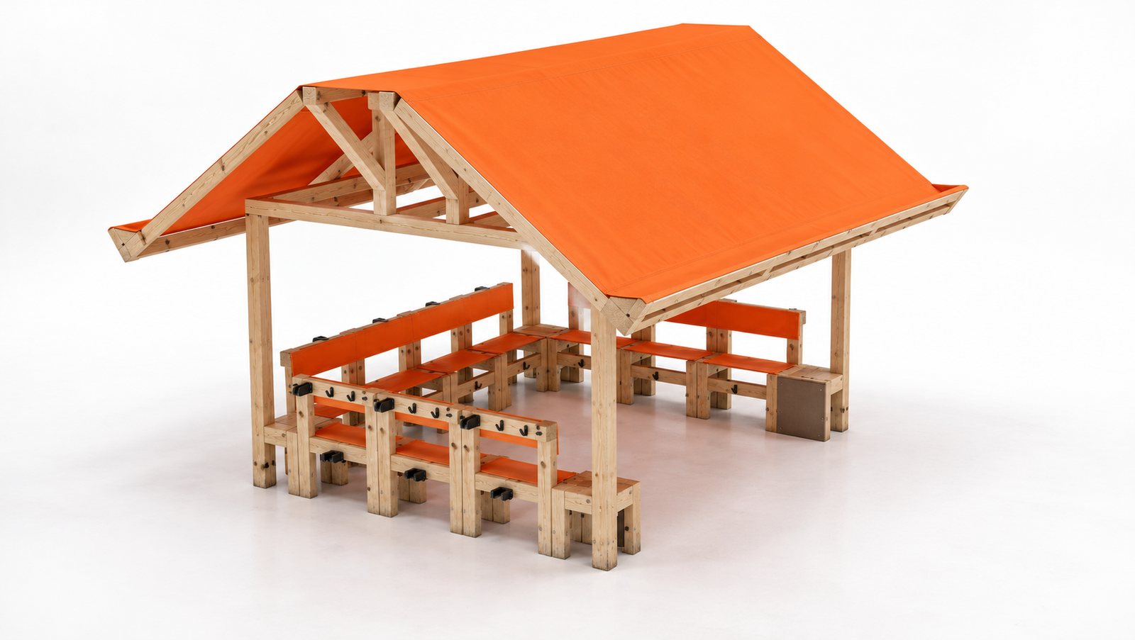 Timber shelter with an orange roof and benches, rendered in a white studio