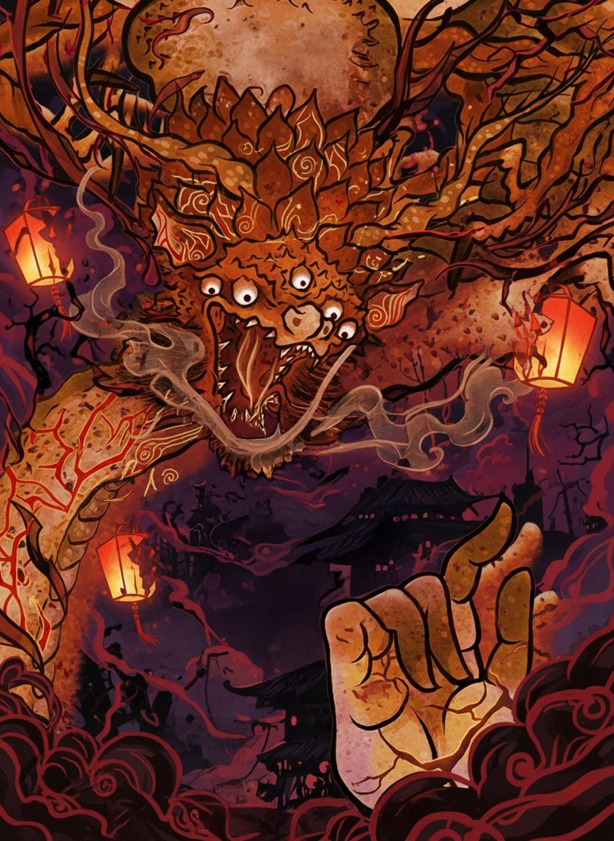Illustration of a dragon with lanterns and smoke