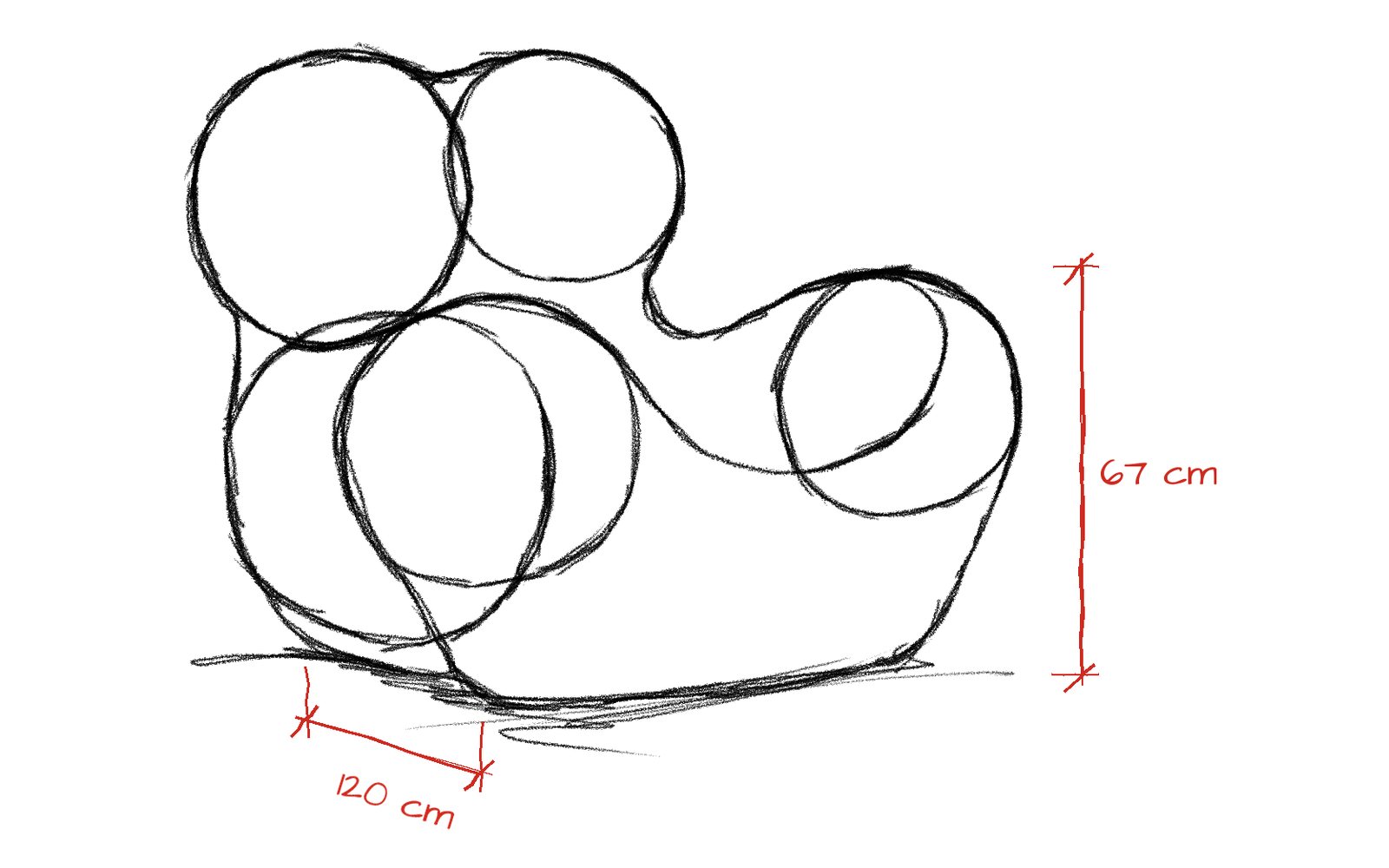 Front and side sketch with dimensions of 120 cm and 67 cm