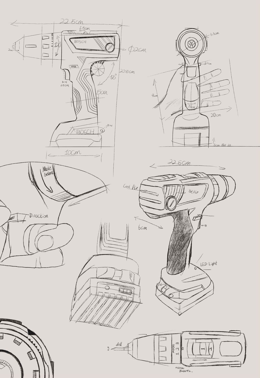 Pencil sketches of a cordless drill