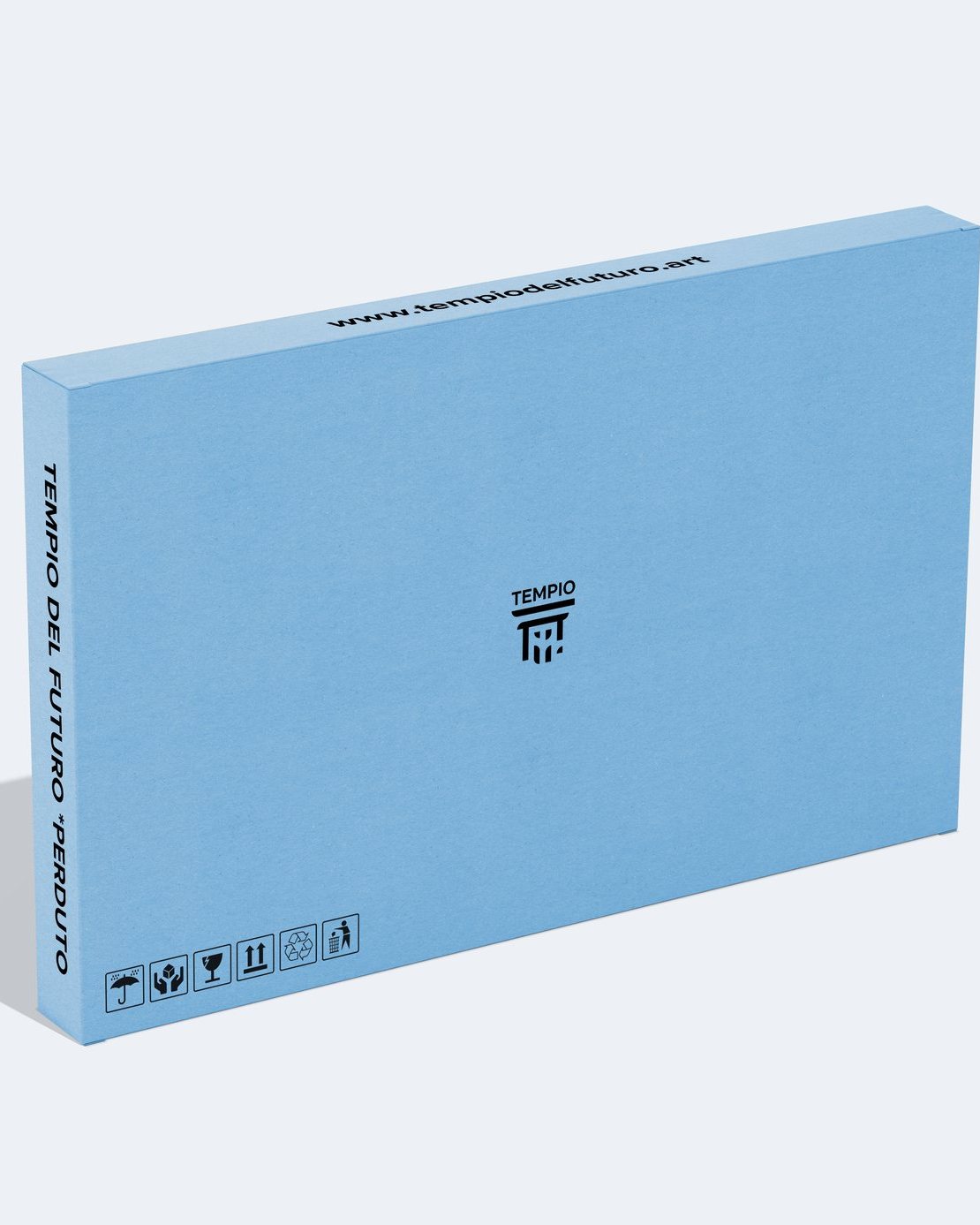 Light blue shipping box printed with the Tempio logo